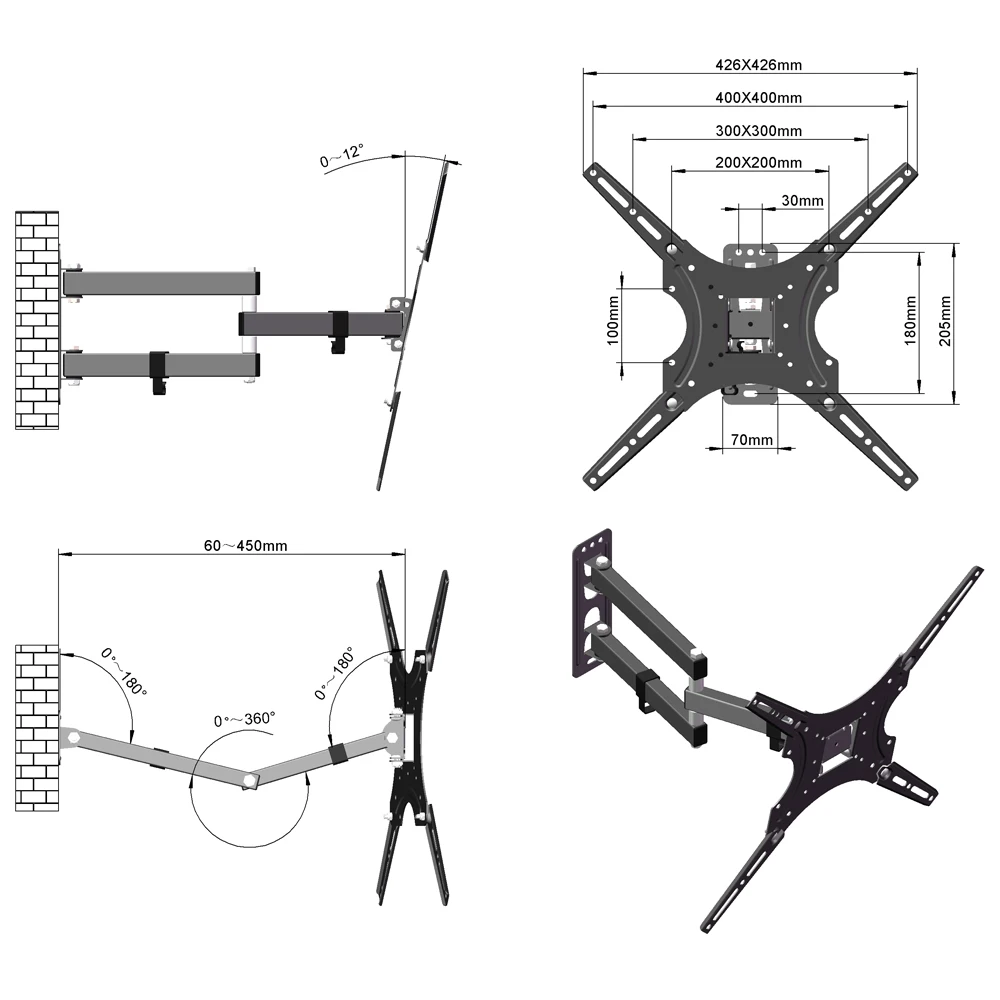

Newly LEADZM 26-55 Adjustable Wall Mount Bracket Rotatable TV Stand TMX400 with Spirits Level TE889