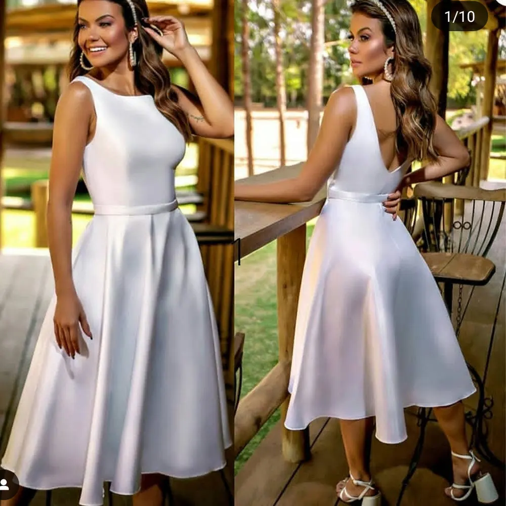 

Simple Square Neck Short Wedding Dress Satin Backless Sleeveless Mid Calf Length Bridal Gown Beach Vestidos De Novia Custom Made
