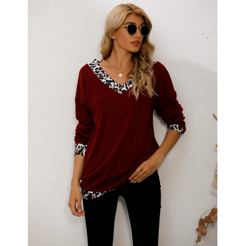 

Women's Long Sleeve Leopard Splicing V-Neck Blouse Tops Pullover Casual Tops