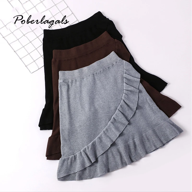 Autumn winter women knitting skirt Womens lady knit Retro Grey Irregular ruffled pleated A-line hip Skirt female skirts