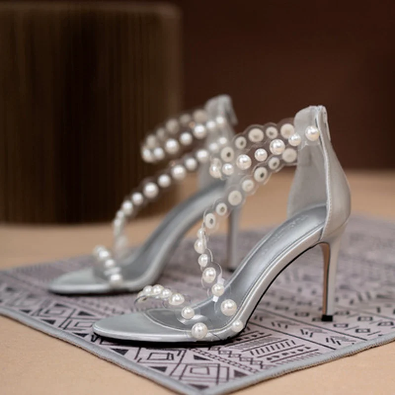 

2021 New Fashion Fine-heeled Pearl Transparent High heel Sandals Women Sandals Celebrity Banquet Wedding Shoes