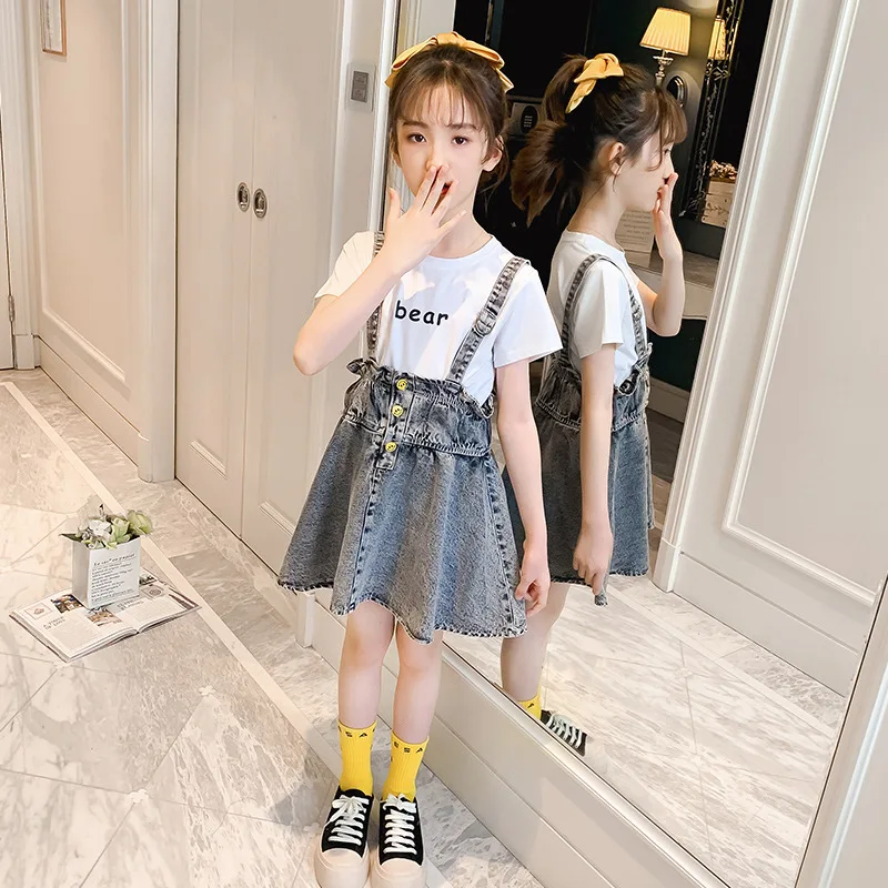 

Children Casual Skirts Sets Summer Girl Short Sleeve White T-Shirt+Gray Strap Skirt Two-Piece Suits Cotton Kids Clothes Outfits