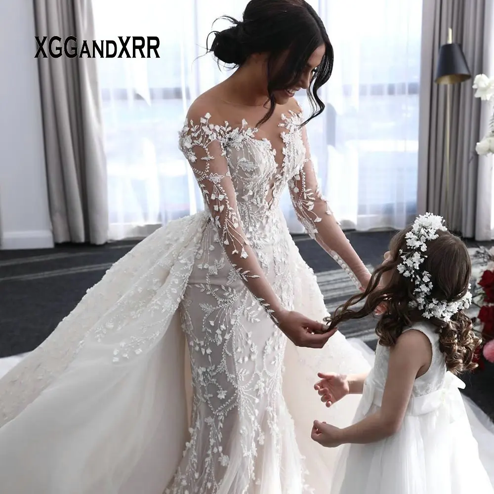 Luxury Mermaid Wedding Dress 2020 Bridal Gown Scoop Beading Flower Lace Overskirt Long Train White Bride Dress Custom made