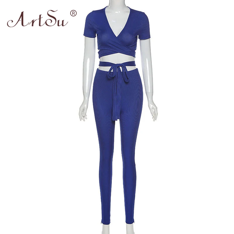 

ArtSu Sexy V-Neck Bandage Bodycon Two Piece Set 2020 Women Skinny Short Sleeve Crop Top And Long Leggings Outfit Summer