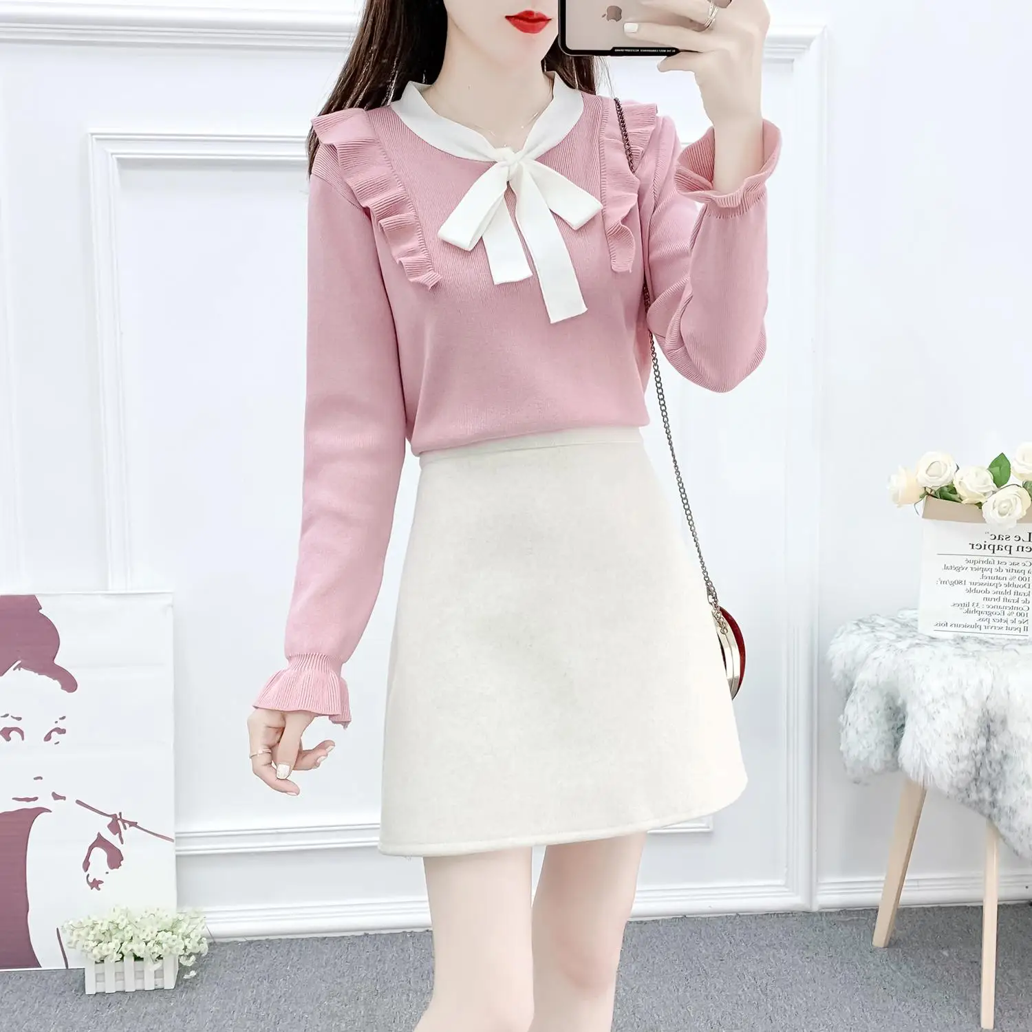 

new winter skirt fashion suits bowknot twinset sweater joker bust skirts autumn knitwear women matching set clothing knitwear