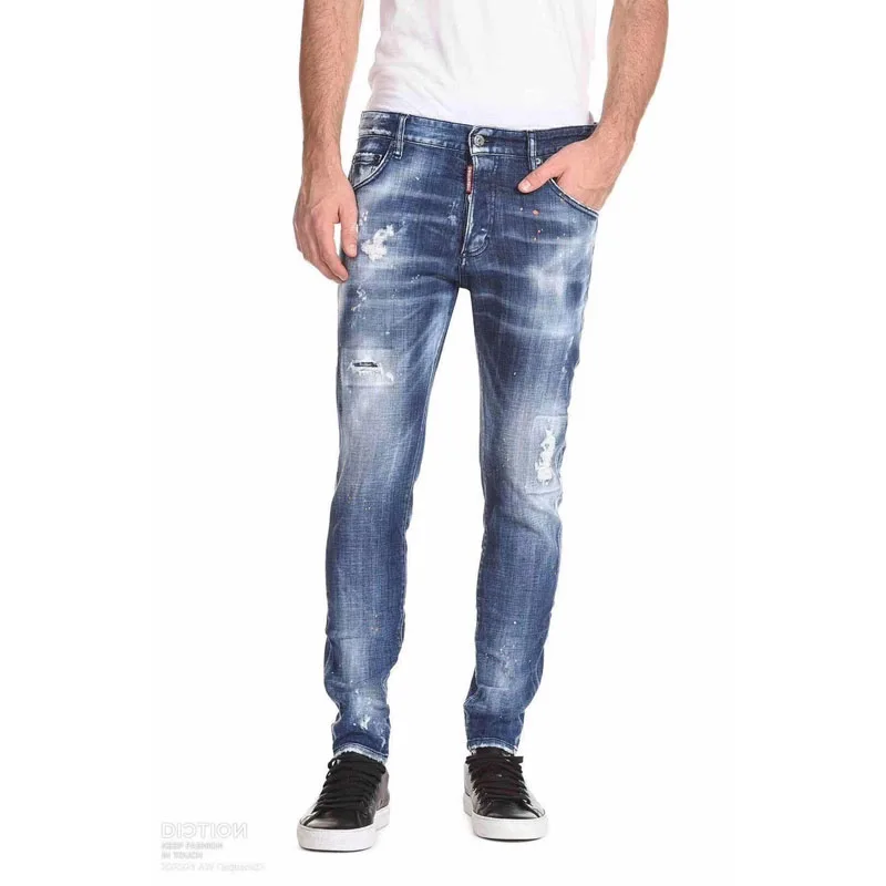 

Мужские/женские рваные джинсы WO, зауженные джинсы в байкерском стиле D2, модель DSQ2 2021, 979