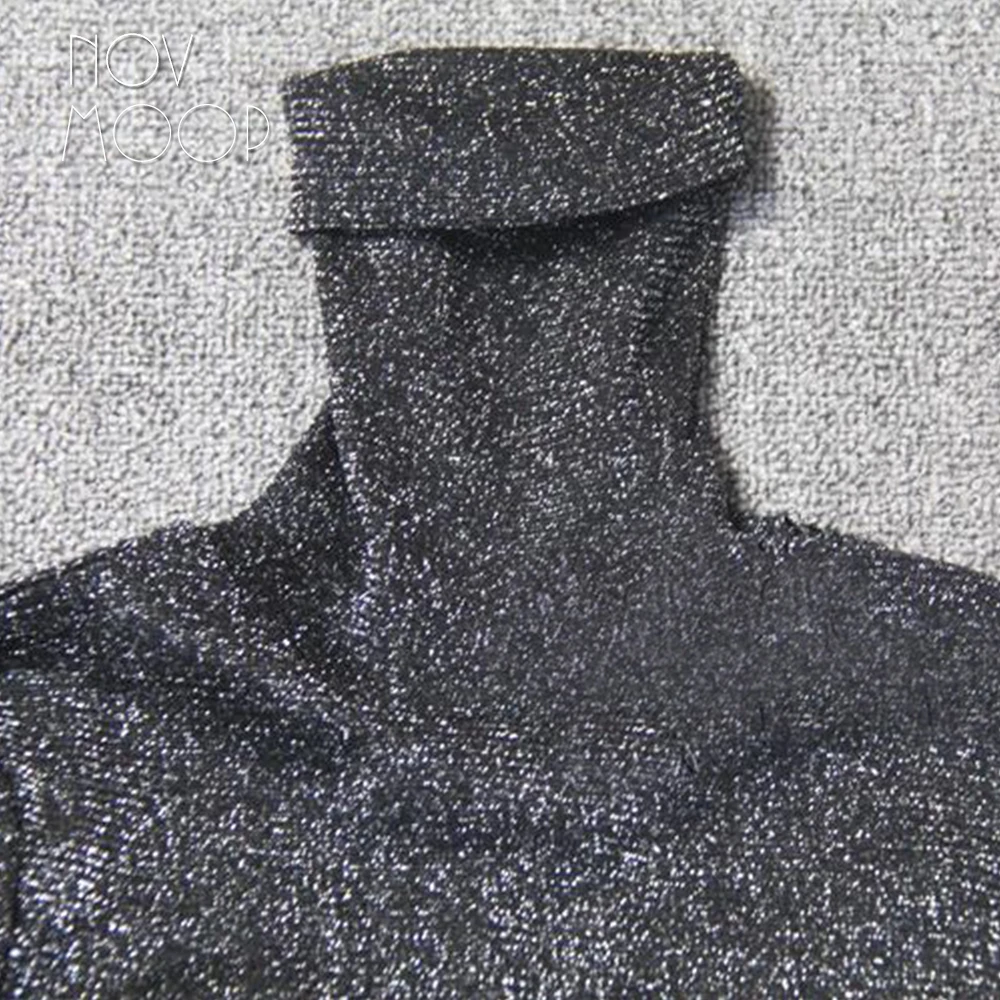 Novmoop русская Мода Стиль Серебряный люрекс сплайсинга с высоким воротником овчины