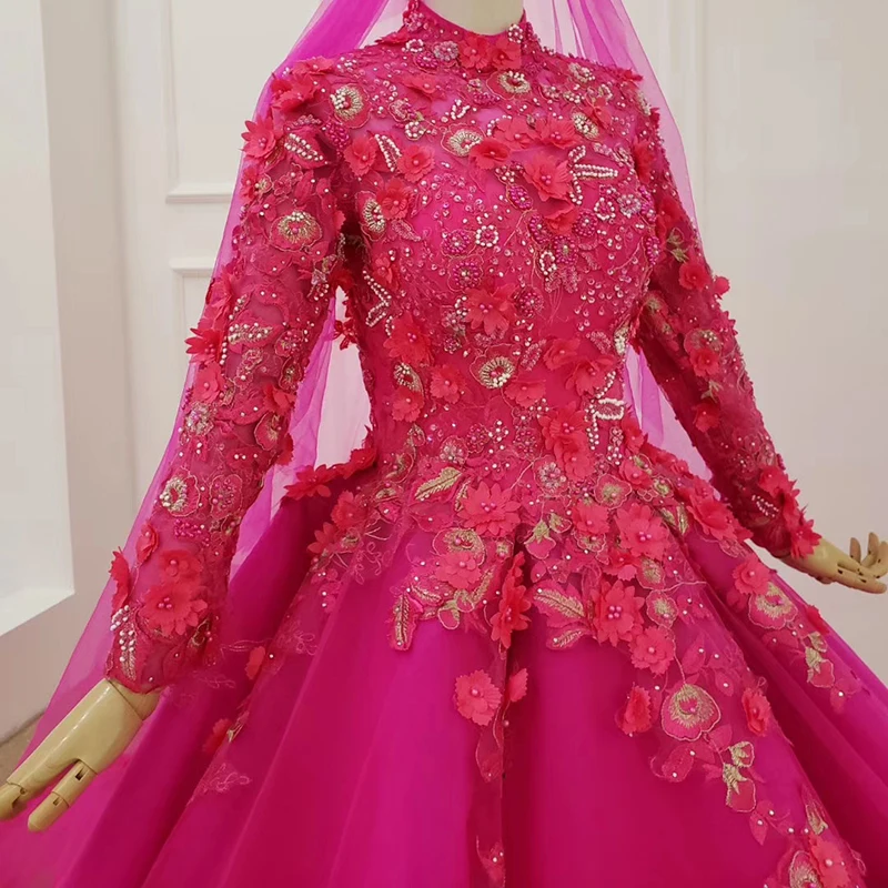 Мусульманское подвенечное платье HTL1155 фиолетовое невесты с длинным рукавом и