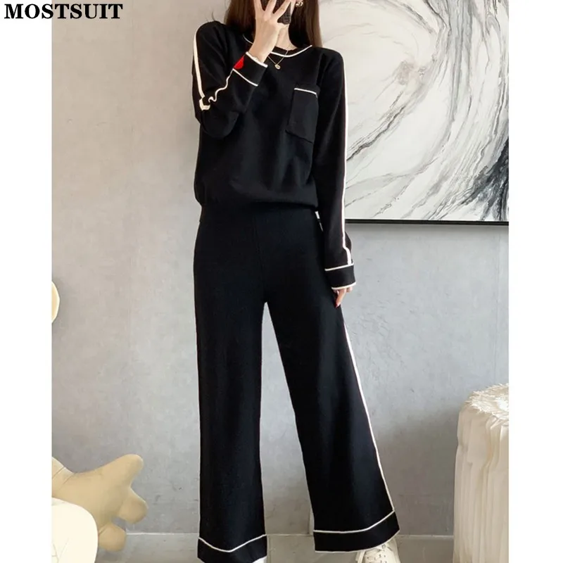 

Женский трикотажный брючный костюм, черный повседневный свободный Шикарный комплект из двух предметов, свитер с круглым вырезом и брюки с ш...