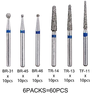 6 packs(60pcs) Стоматологические алмазные боры Стоматологическая лаборатория высокоскоростная ручка наконечника диаметр 1,6 мм стоматологические инструменты BR31 BR45 BR46 TR13 TR14 TF11 - Цвет: 6 packs(60pcs)