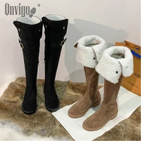 qnvigo womens winter high boots lambs hair furry side zipper over knee stretch boots thick heel thigh high snow women boots