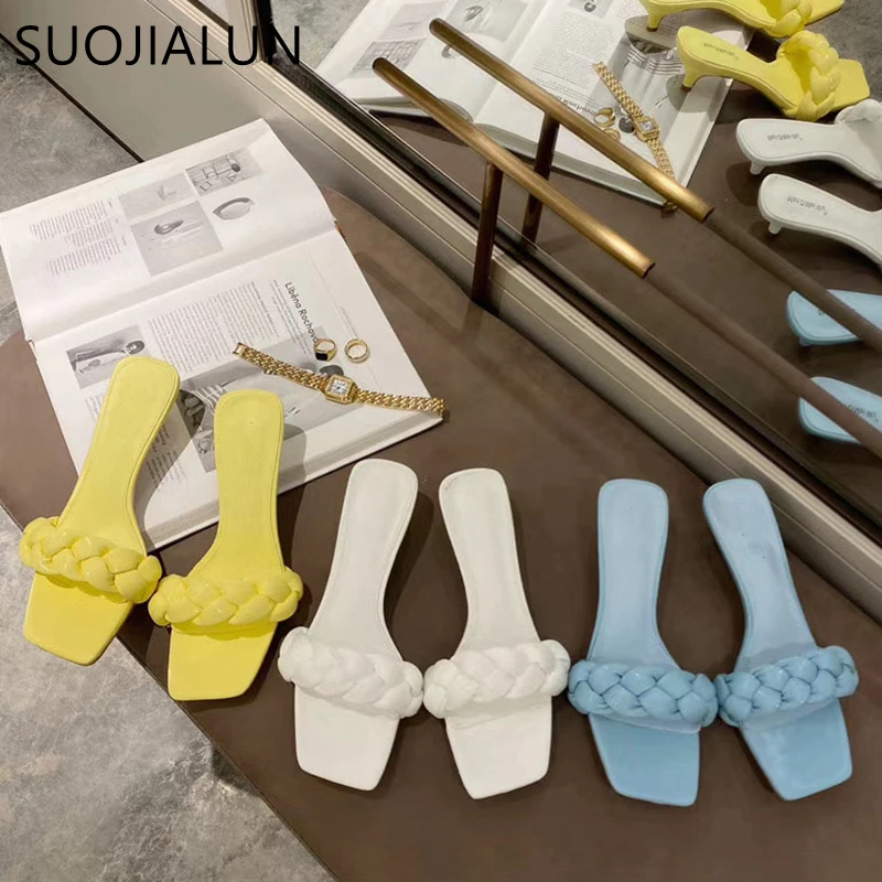 SUOJIALUN 2020 новый дизайн плетеные женские тапочки низкий тонкий каблук 3 см сандалии