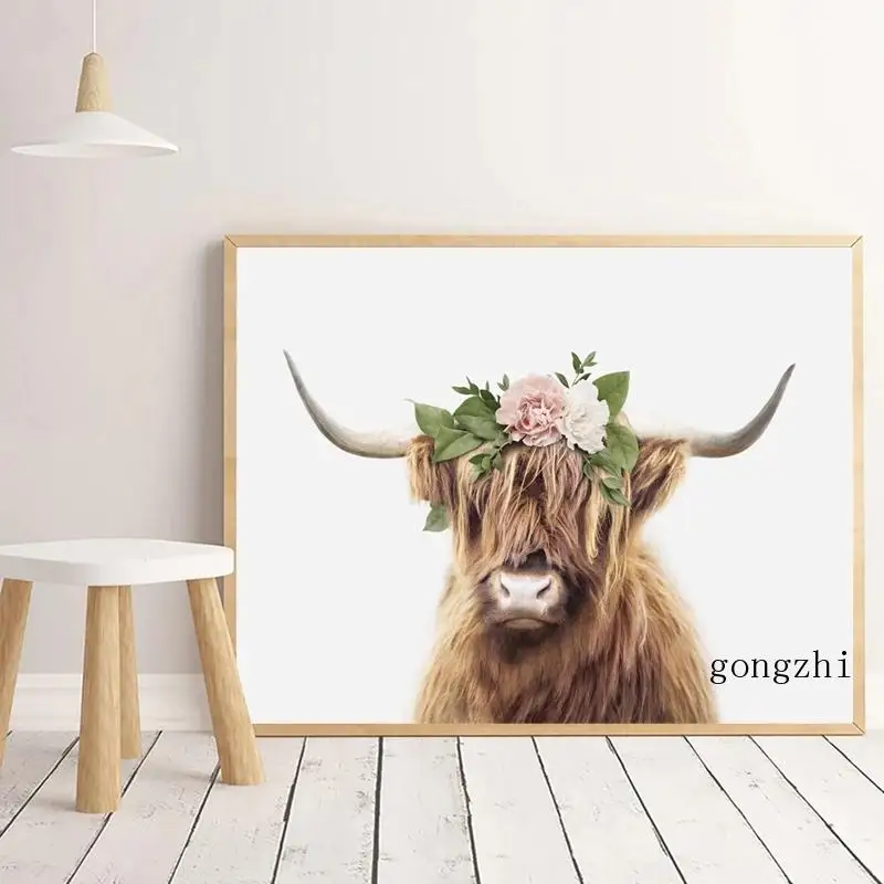 

Highland Cow with Flower Crown Nordic Poster Animal Canvas Painting and Prints Farm Wall Art Pictures for Living Room Home Decor