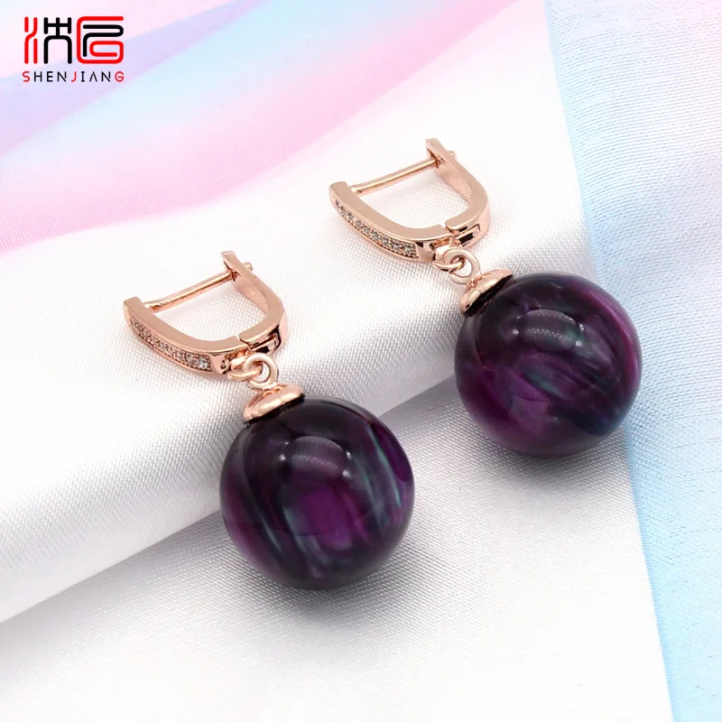 

SHENJIANG New Trendy Colorful Round Acrylic Beads Dangle Earrings For Women Girl Party High Quality Cubic Zirconia Jewelry Gift