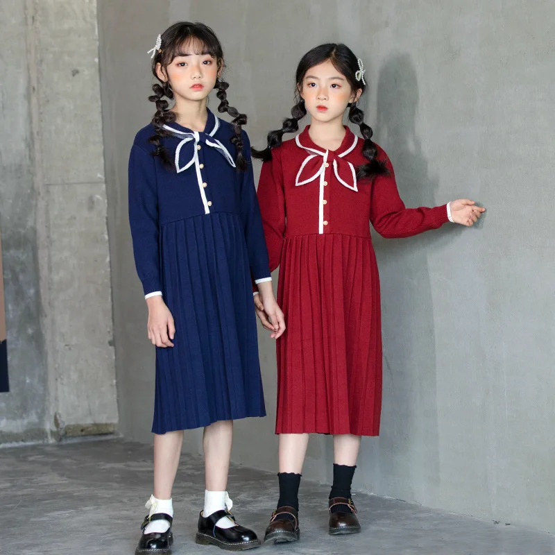 

Knit Children Pleated Dress Kids Winter Dress for Girls Korean Baby Clothes 2020 Girls Midi Dress Mommy and Me Dress Bow,#5627