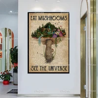 eat mushrooms see the universe retro poster hippie home decor hippie art print mushroom wall art psychedelic trippy canvas