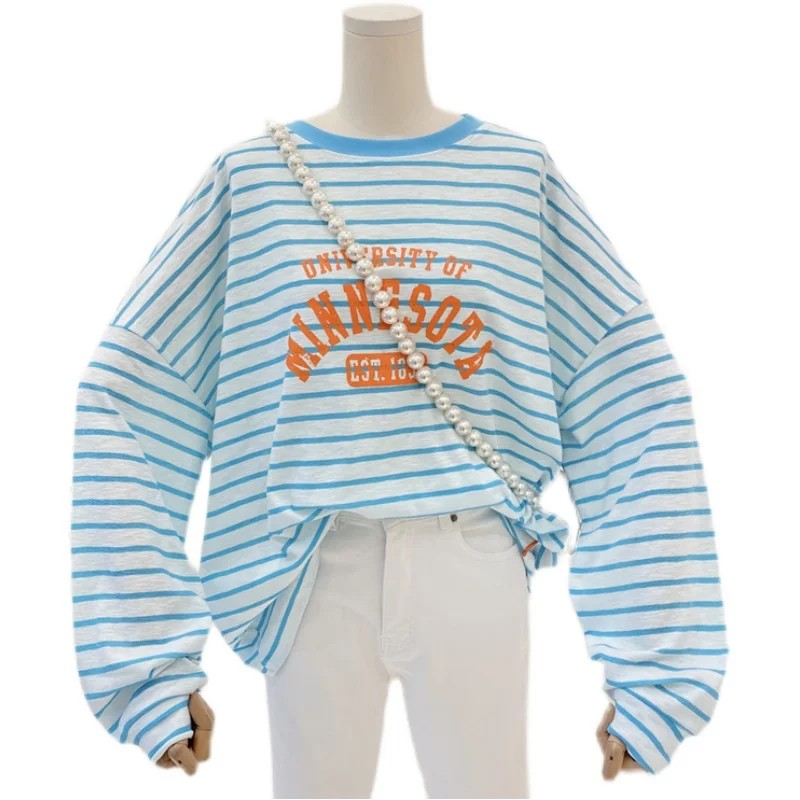 

2021 Summer New Korean Letter Print Color Striped Loose Slimming round Neck Thin Long Sleeve T-shirt for Women