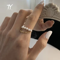 neo gothic design pearl chain gold color opening rings for womans korean fashion jewelry wedding party girls set accessories