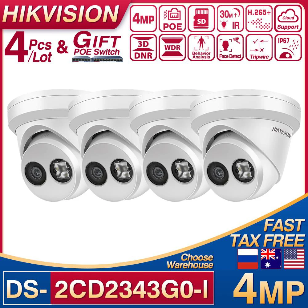 

Hikvision 4 шт./лот DS-2CD2343G0-I POE IP-камера 4 МП револьверная сеть видеонаблюдения IPC слот для SD-карты H.265 + 2 анализатора поведения, распознавание лица