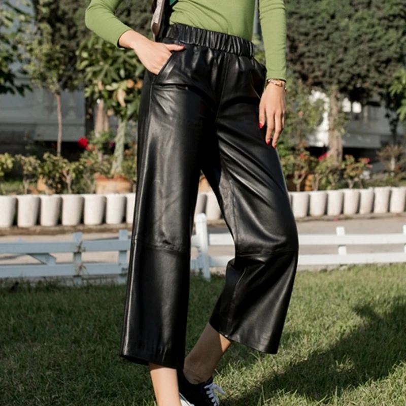 

2020 New Genuine Women Harem Elastic Waist Pants Streetwear Vintage Casual Black Ladies Sheepskin Leather Trousers