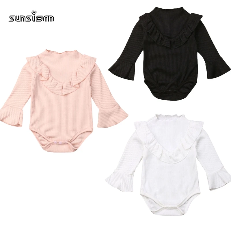 

SUNSIOM Baby Spring Autumn Clothing Newborn Baby Girl Ribbed Bodysuit Flare Long Sleeve Clothes Solid Jumpsuit 0-18M