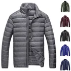 Зимняя легкая мужская пуховая куртка, искусственный утиный пух, однотонная ветрозащитная пуховая куртка с воротником-стойкой