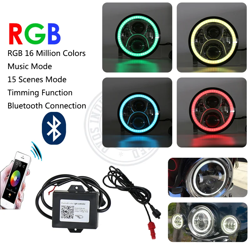 1 шт. 7 &quot50 Вт мотоцикл светодиодные фары rgb Halo с Bluetooth телефон приложение
