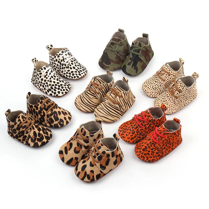 

Genuine Leather Baby shoes Leopard print Baby moccasins Horse hair Boys First walkers Lace Baby Girls Soft shoes