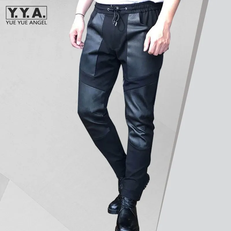 

Fashion Mens Stretchy Casual Joggers Sweatpants Streetwear Male Elastic Waist Patchwork Sheepskin Genuine Leather Pencil Pants