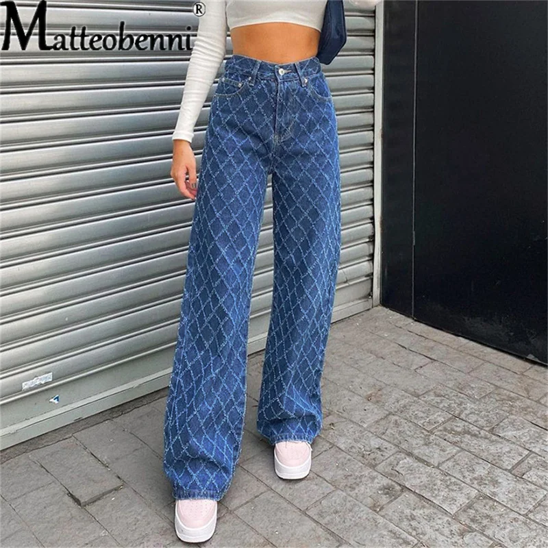 

2021 Women Fashion Jeans Diamond Lattice Print Loose Straight High Waist Casual Pants Ladies Streetwear Wide Leg Denim Trousers