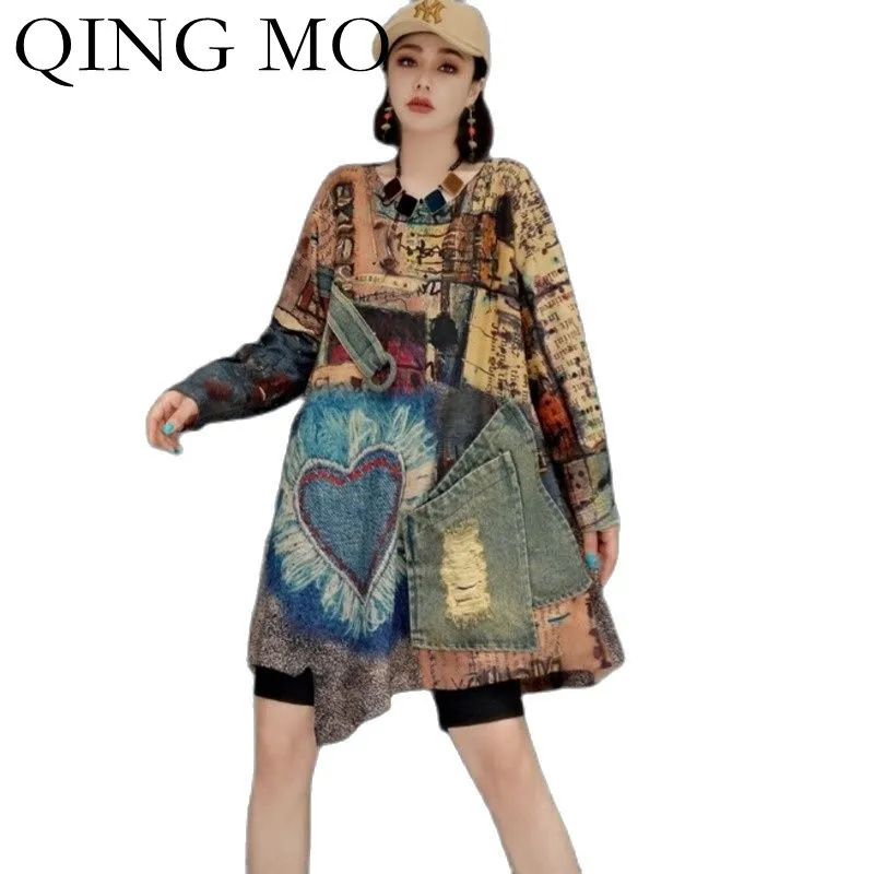 Женский джинсовый свитер с вышивкой QING MO Свободный пуловер большого размера