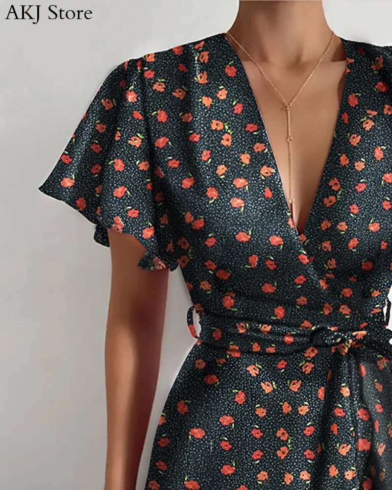 

Women Short Sleeve Floral Print Ruffles Wrap Dress Vestidos