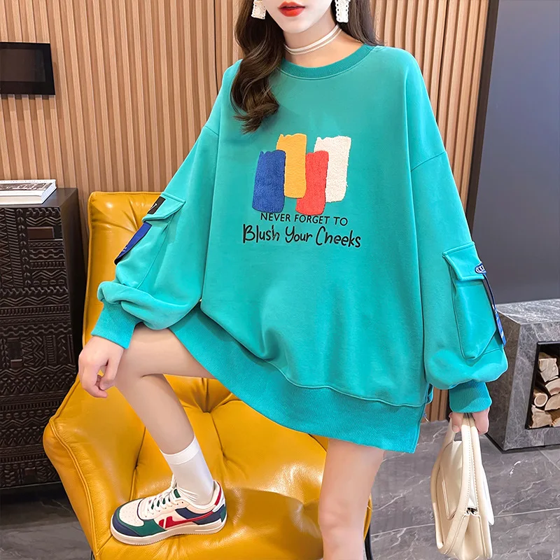 

New large size women's Korean loose fat MM printing fashion pocket splicing thin casual hoodie jacket