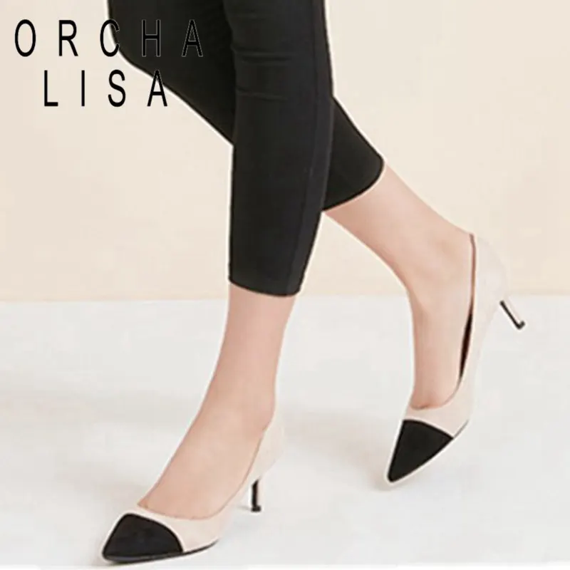

ORCHA LISA New 2021 Women Pumps Pointed Toe 12cm High Thin Heels Flock Patchwork Sexy Classic Big Size 34-45 Party Date B2502