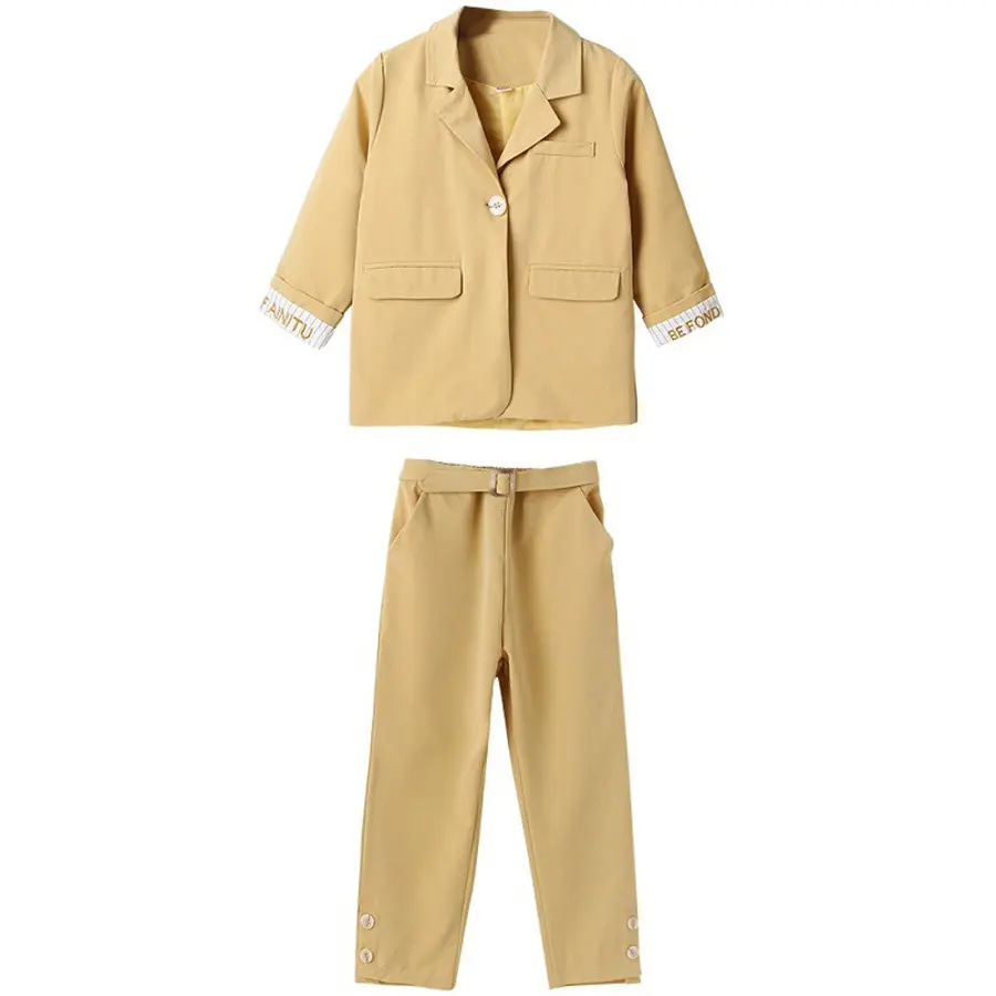 

Spring Suit For Girls 4-13 Year New Minimalist Blazer + Patch Button On Leg Pants With Belt Set Teens Fashion Girls Clothing Set