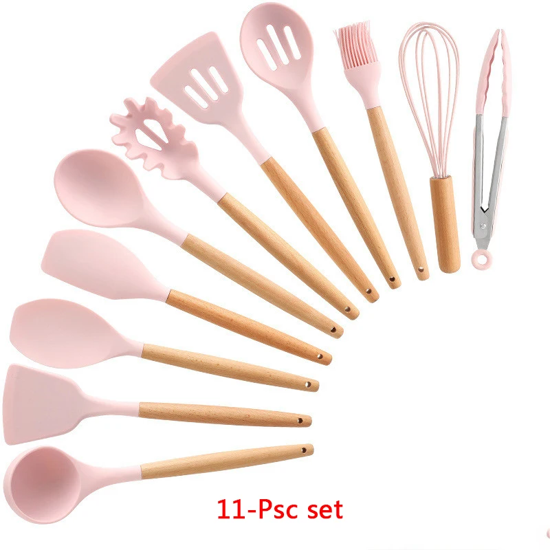 11-Pcs kitchen set 11-13 шт Силиконовая кухонная утварь набор кухонной утвари антипригарный шпатель Премиум деревянная ручка с ящиком для хранения кухонные инструменты - Цвет: 11-Pcs kitchen set