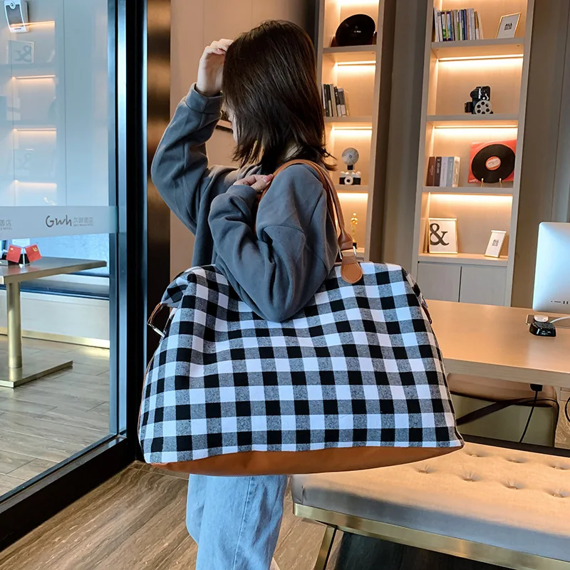 Women Plaid Travel Bag Fashion Large Capacity Sports Fitness Bag Female Duffle Handbag Canvas Gym Yoga Bag bolso Canvas 2021