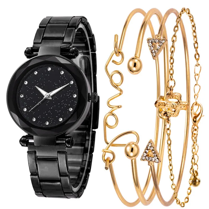 4-Black 5pcs Luxury Brand Ladies Watches Women Watches Starry Sky Watch Quartz Diamond Wristwatches Montre Femme Relogio Feminino - Цвет: 4-Black