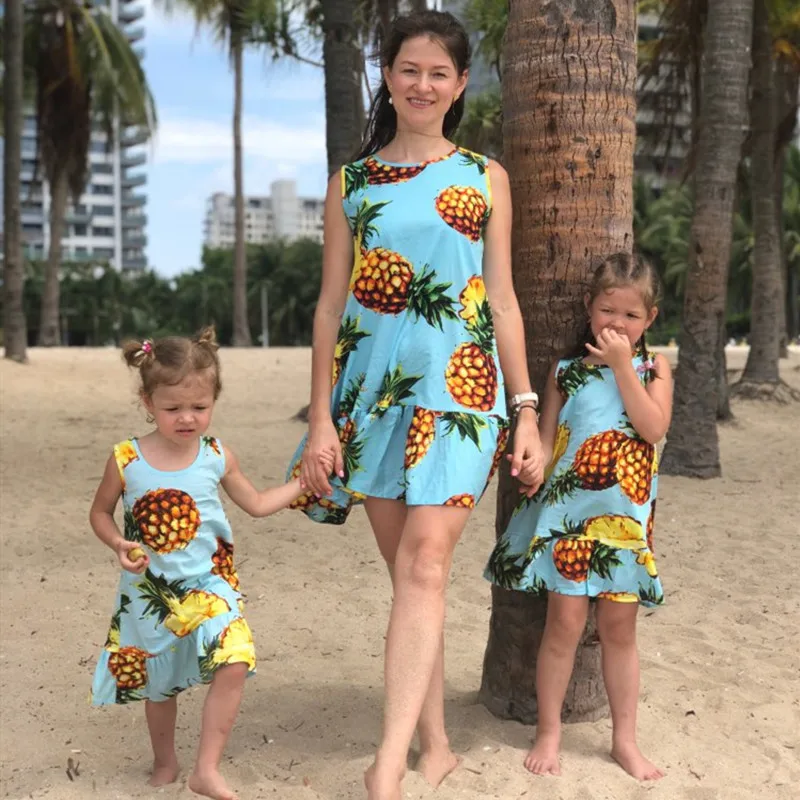 

Summer Mother Daughter Dress Family Matching Clothes Cotton Fruit Printed Mom Daughter Dresses Family Look Outfits Mommy and Me