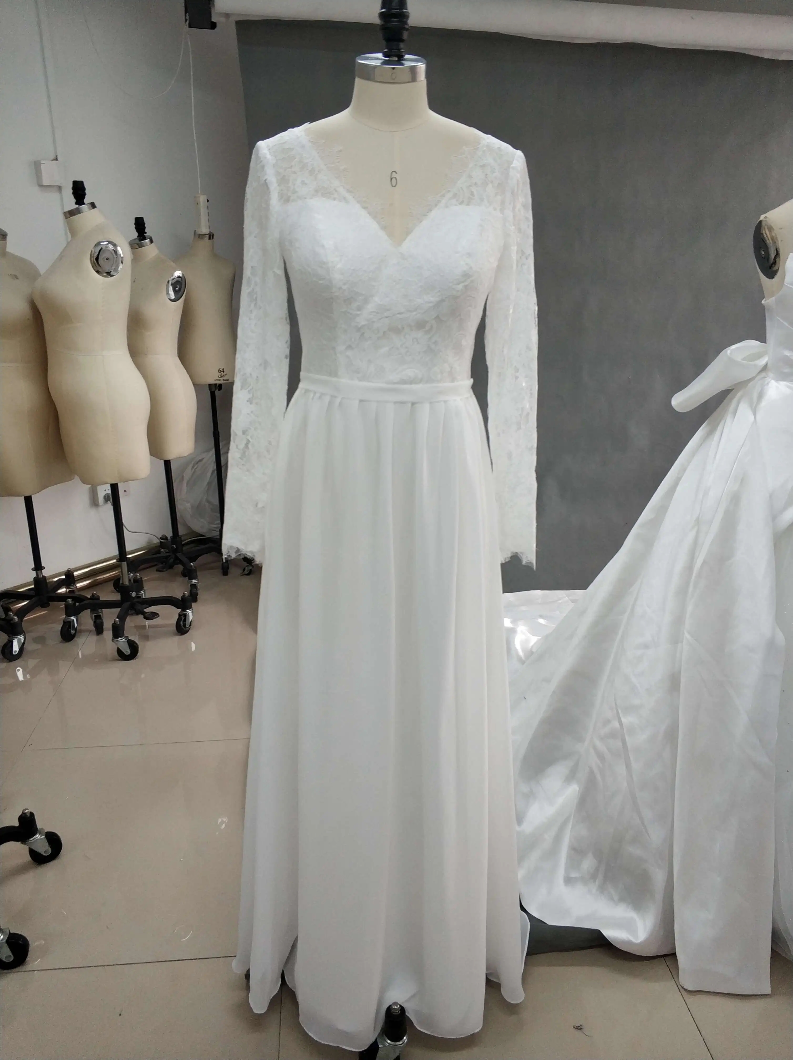 Одежда с длинным рукавом Кружевное шифоновое Пляжное свадебное платье