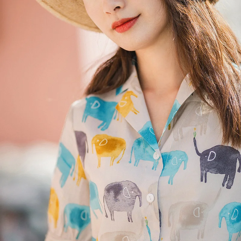 Повседневная модная блузка с коротким рукавом из чистого хлопка принтом слона