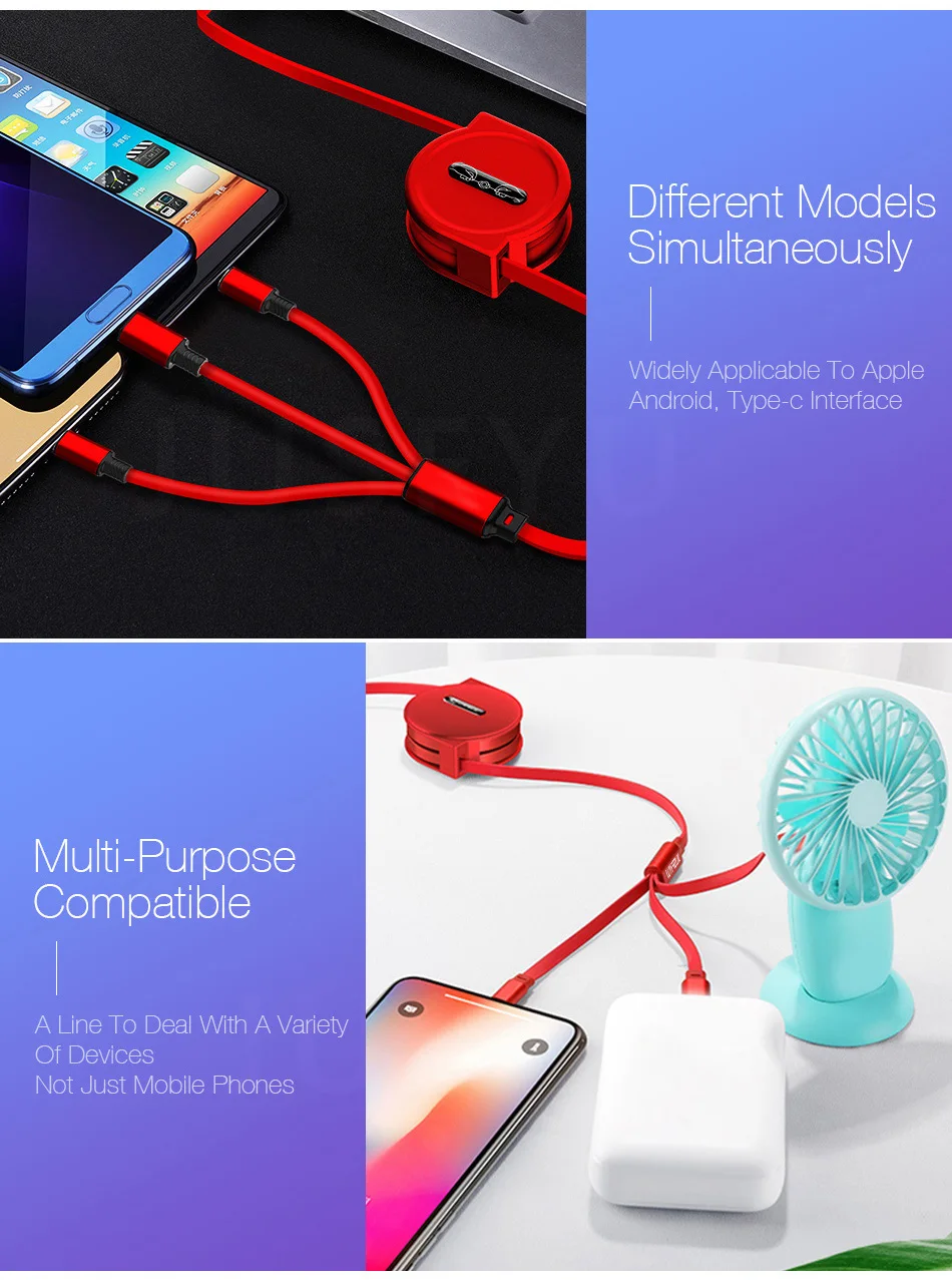 Кабель Micro USB для зарядки телефона, кабель type-C, 3 в 1 для iphone, samsung, huawei, Xiaomi, выдвижной кабель для синхронизации данных