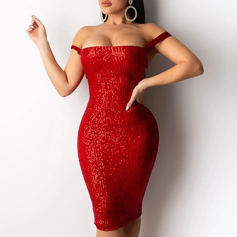 

2021NEW Spring and Summer Sequined Lace One-line Neck Dress, Fashionable Sexy Ladies Dress with Leaky Back Sling