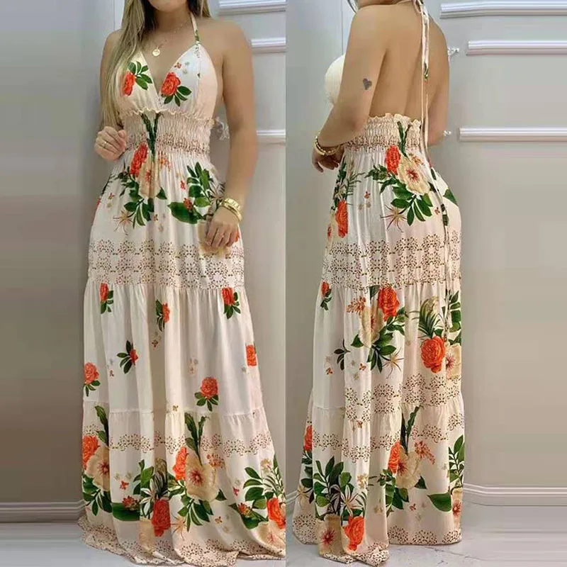 

2021 Ladies Summer Fashion Floral Print V-neck Hollow Halter Casual Sexy Sling Dress