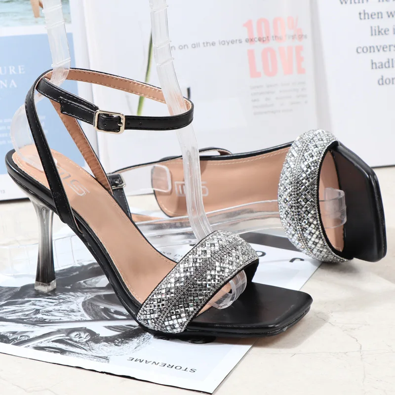 

2021 Crystal Women 8.5cm High Heels Fetish Glitter Sandals Gladiator Summer Shoes Lady Open Toe Platform Shiny Nightclub Sandles