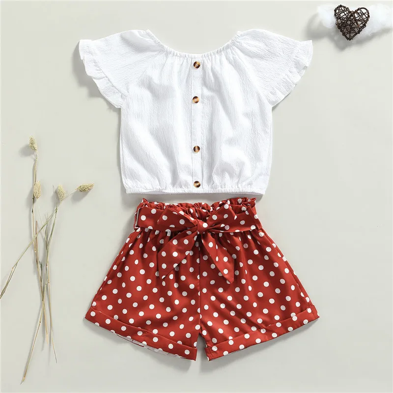 

Комплект одежды для маленьких девочек из 2 предметов, однотонный топ с круглым вырезом и короткими рукавами + короткие штаны в горошек, летня...