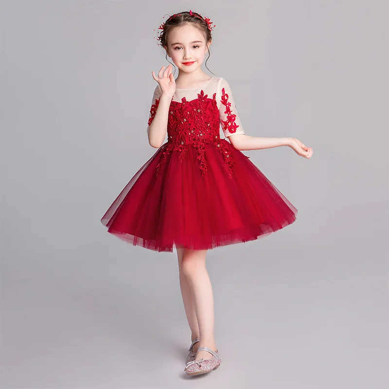 

Wine Red Appliques Princess Party Dress Beading Flower Girl Dresses for Wedding Short Sleeve Girls Birthday Gowns