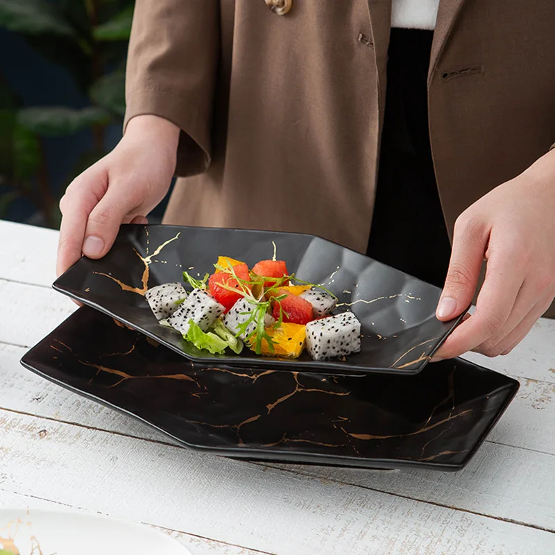 

Simple olored glaze ceramic tableware creative matte black and white marble gold deep plate rice plate special shaped plate