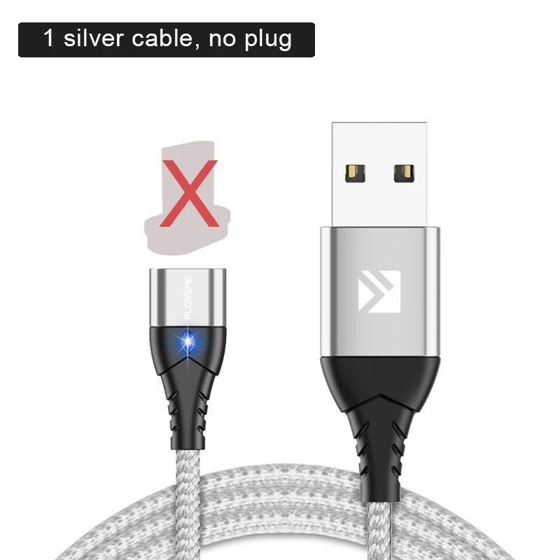 silver cable no plug FLOVEME 3A Магнитный Micro USB кабель type-C Магнитный зарядный кабель для телефона Xiaomi для iPhone 7 8 samsung - Цвет: silver cable no plug