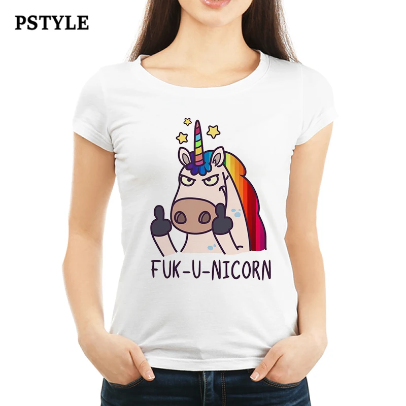 Kawaii/женские футболки с забавным единорогом, радугой, Fuk-U-Nicorn, Футболка Harajuku, футболка для девочек с мультяшным принтом, футболки, топы, PSTYLE